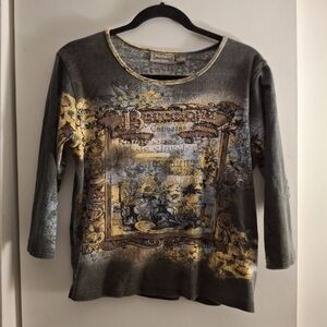 Jane Ashley Women's Gray and Gold 3/4 Sleeve Graphic Top